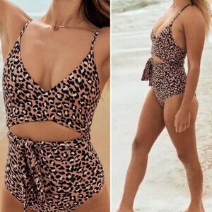 Aerie Leopard Print Wrap Top One Piece CutOut Swimsuit Mocha